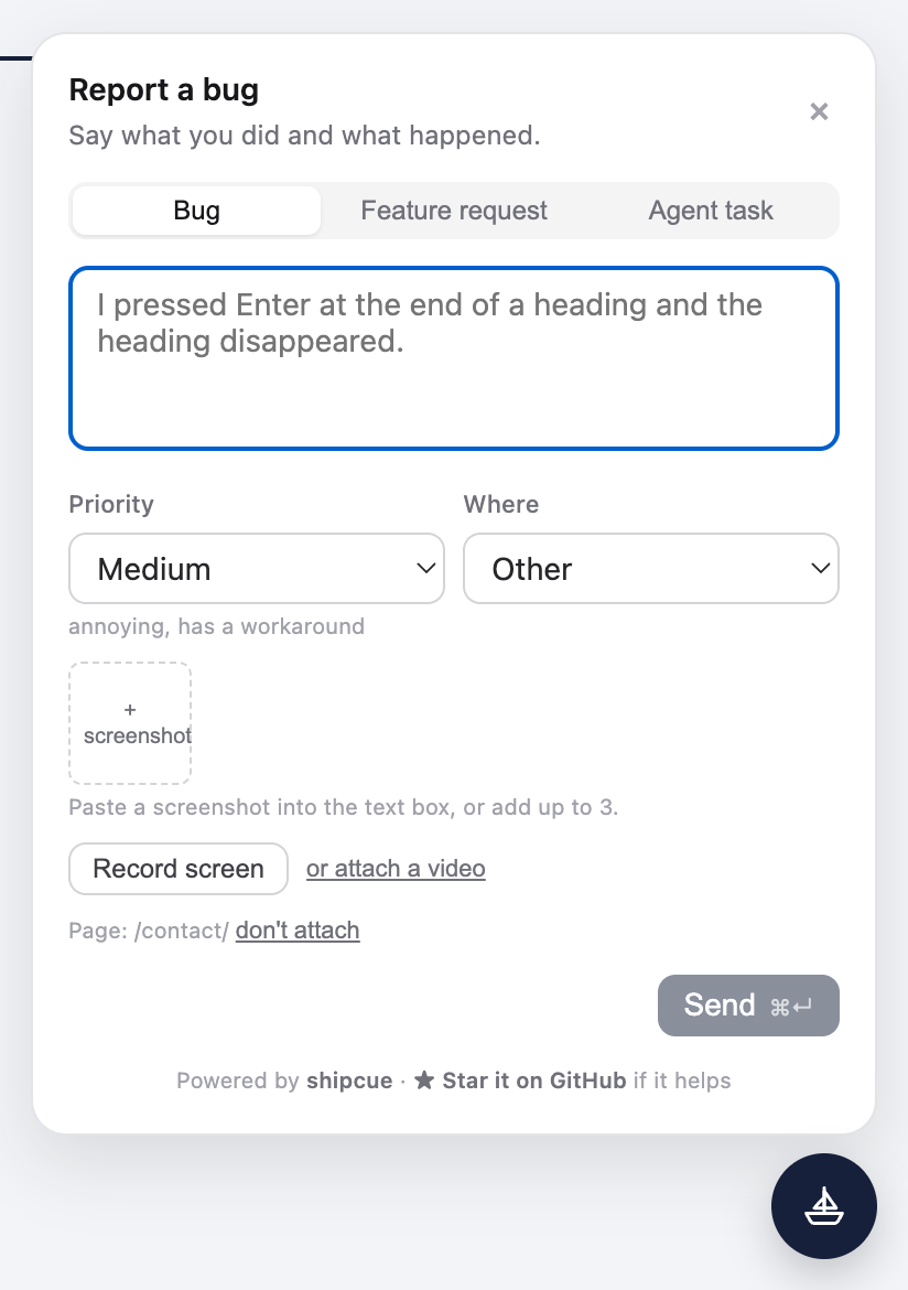The shipcue panel: Bug, Feature request and Agent task tabs, priority, where, screenshots, screen recording, and a Powered by shipcue line